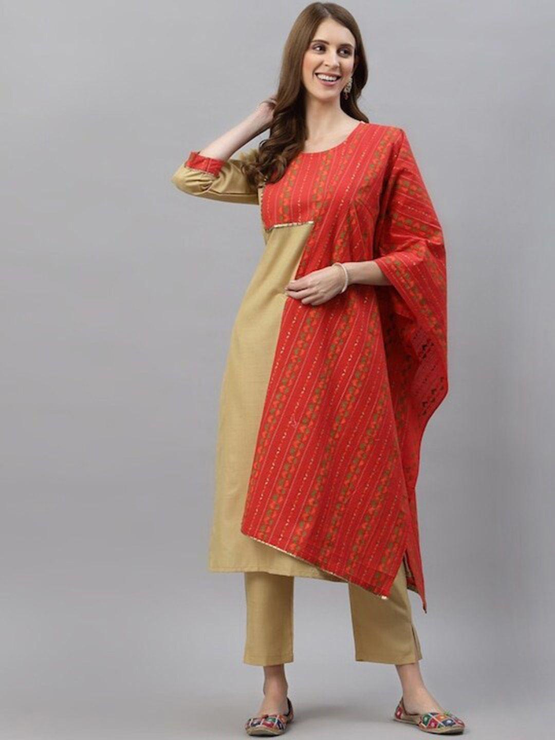 kalini chevron yoke design pure cotton kurta with trousers & dupatta