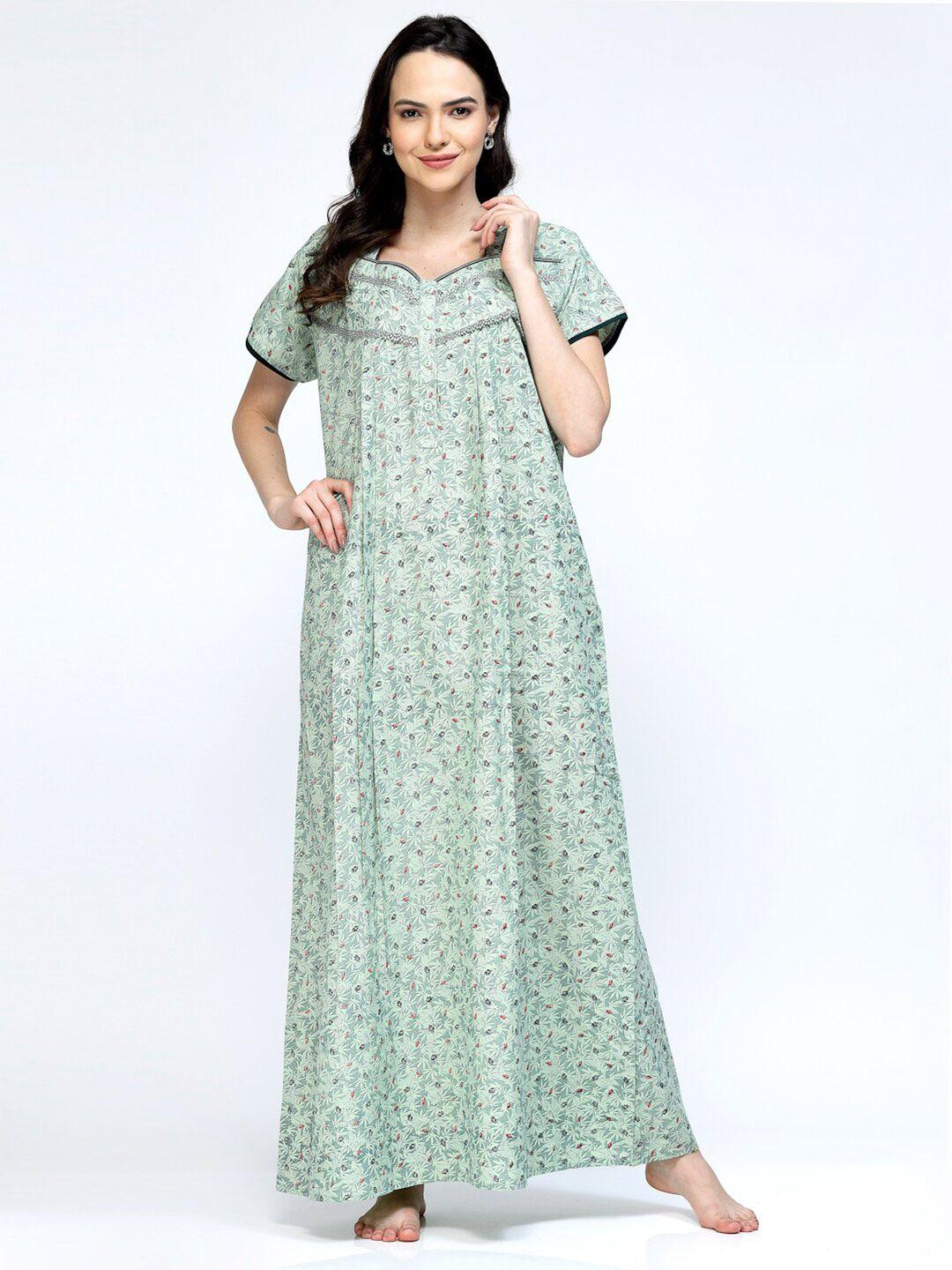 sweet dreams green printed pure cotton maxi nightdress