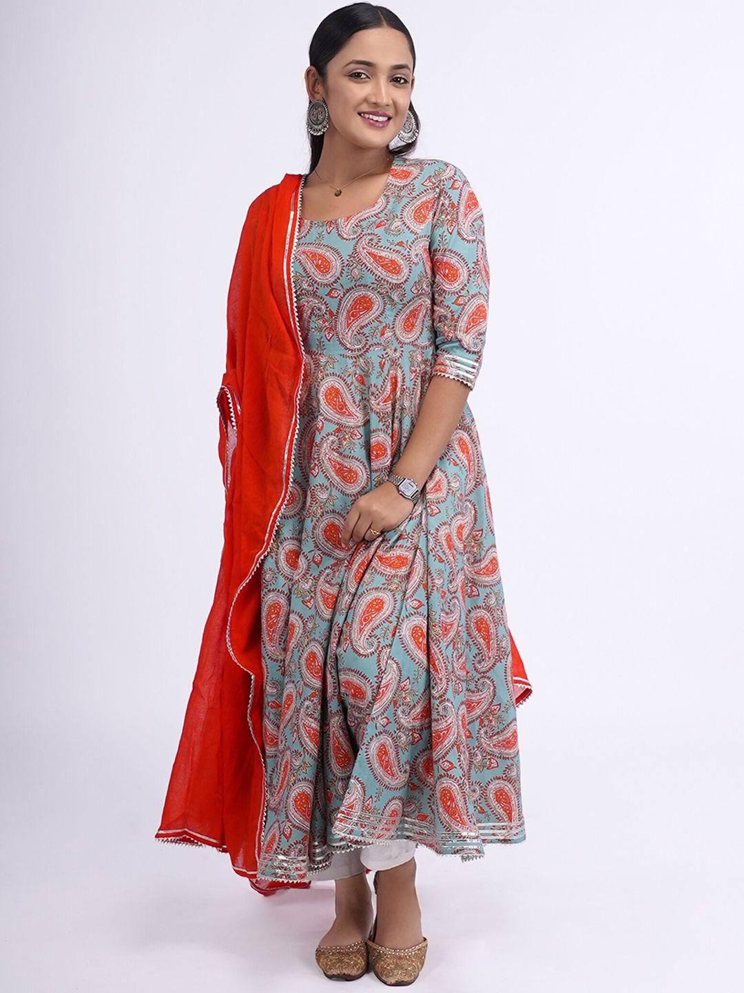 desi weavess paisley printed empire gotta patti pure cotton kurta with trousers & dupatta