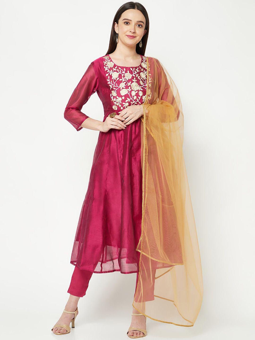 imara floral embroidered chanderi cotton kurta with trousers & dupatta