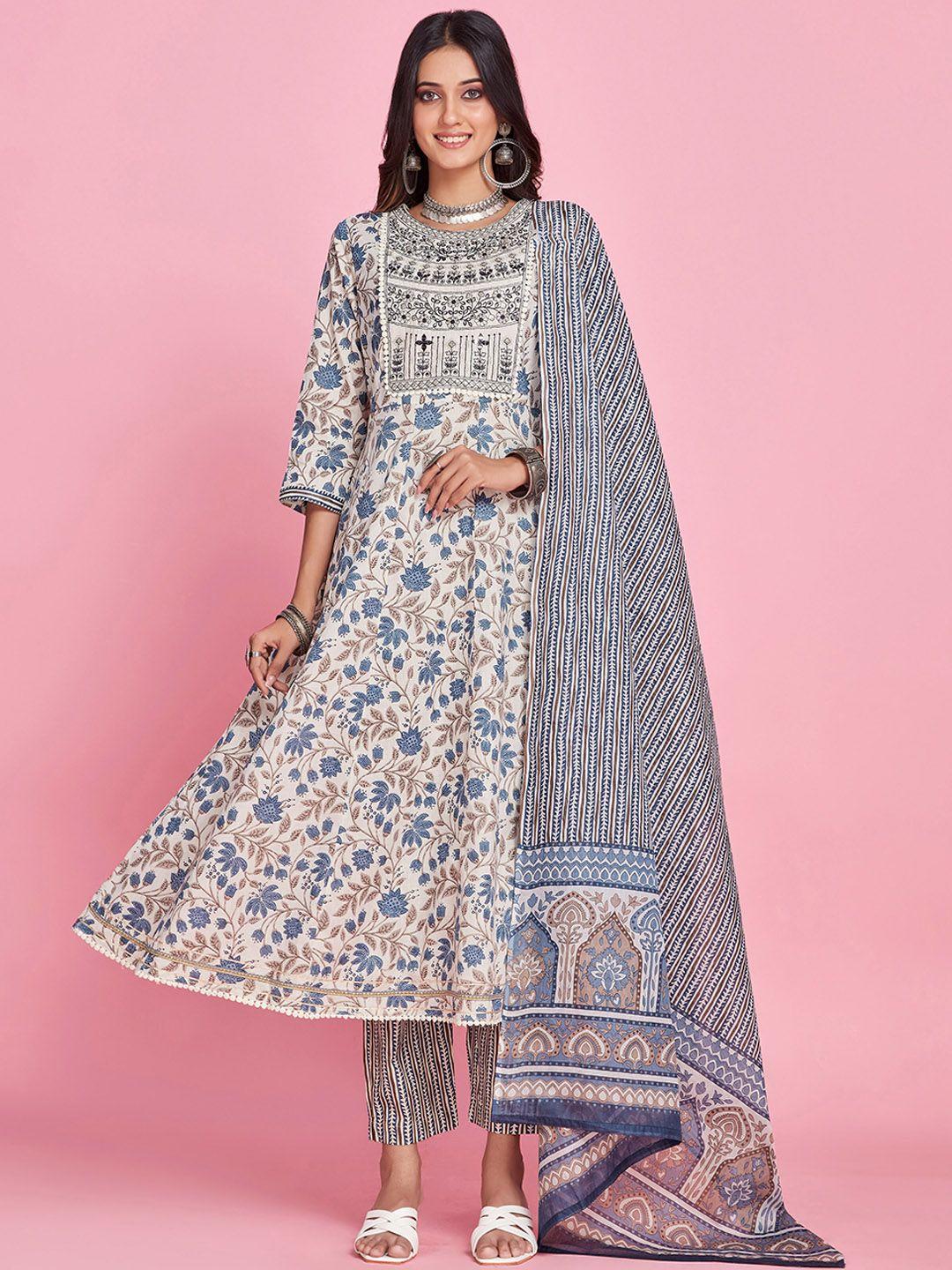 sangria yoke-embroidered & printed a-line kurta & trouser with dupatta