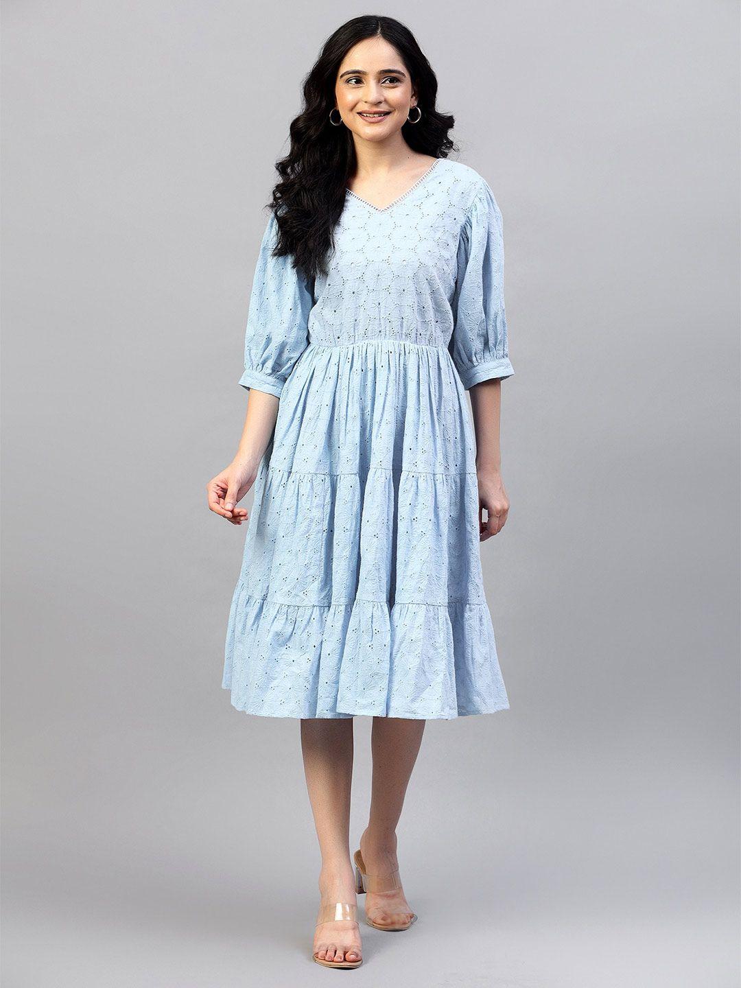 hencemade puff sleeves fit & flare cotton schiffli midi dress