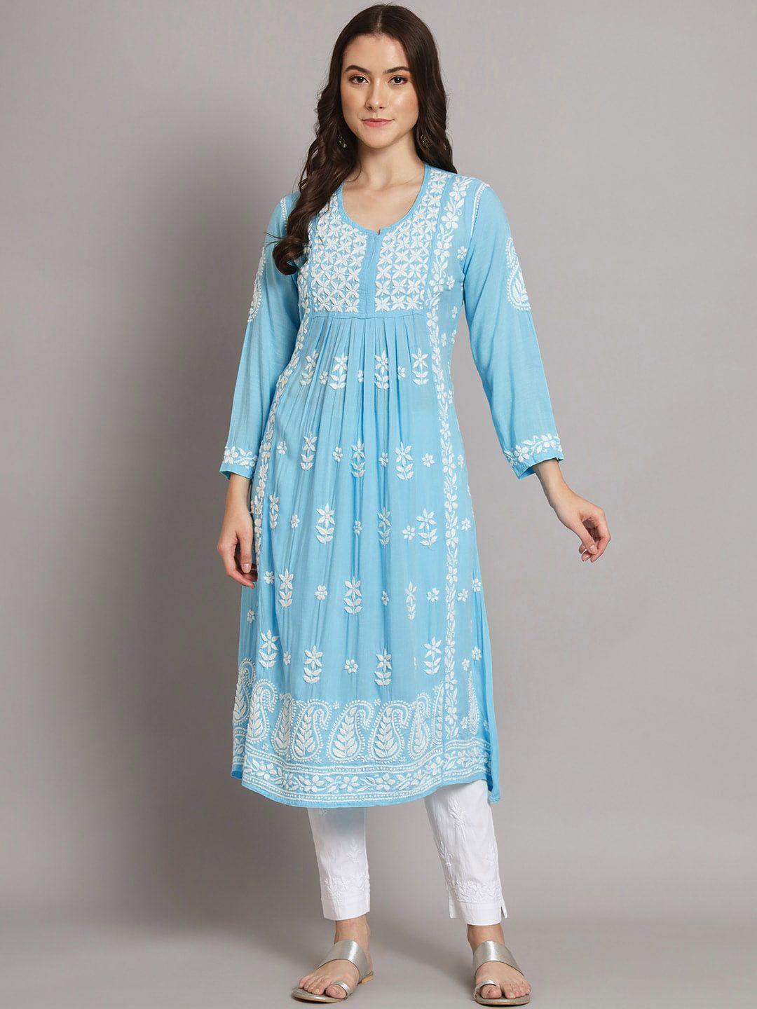 paramount chikan women blue ethnic motifs dyed flared sleeves chikankari floral kurta