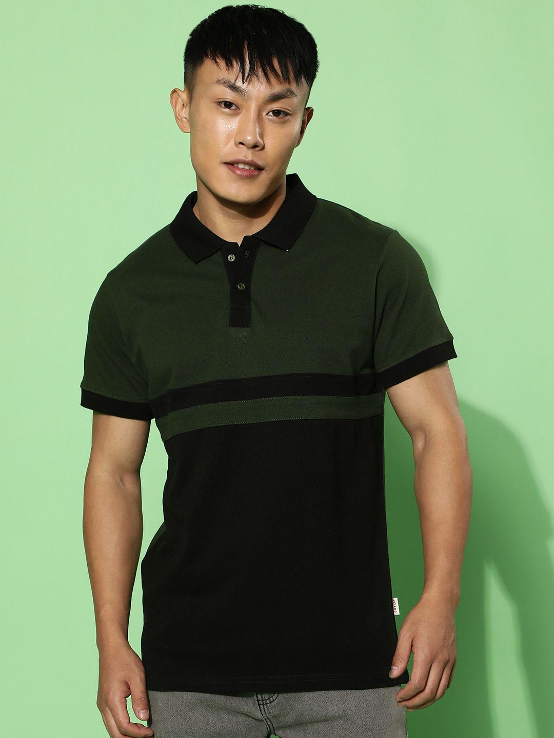 veirdo men olive green polo collar applique t-shirt