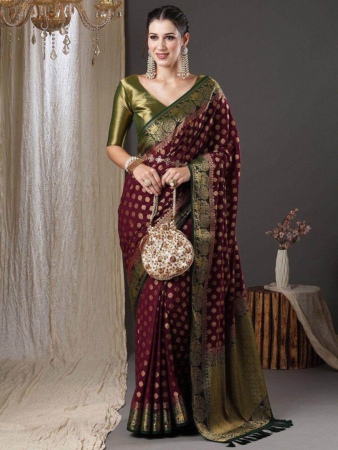 anouk burgundy & green ethnic motifs woven design zari pure georgette kanjeevaram saree