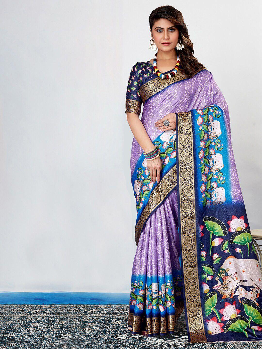 anouk lavender & navy blue zari bandhani saree