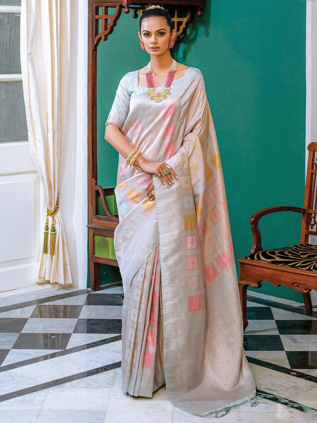 mitera silver-toned & pink ethnic motifs woven design zari silk blend banarasi saree