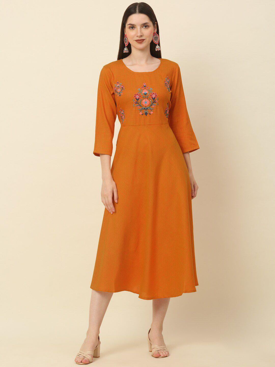 anouk orange floral embroidered a-line midi ethnic dress