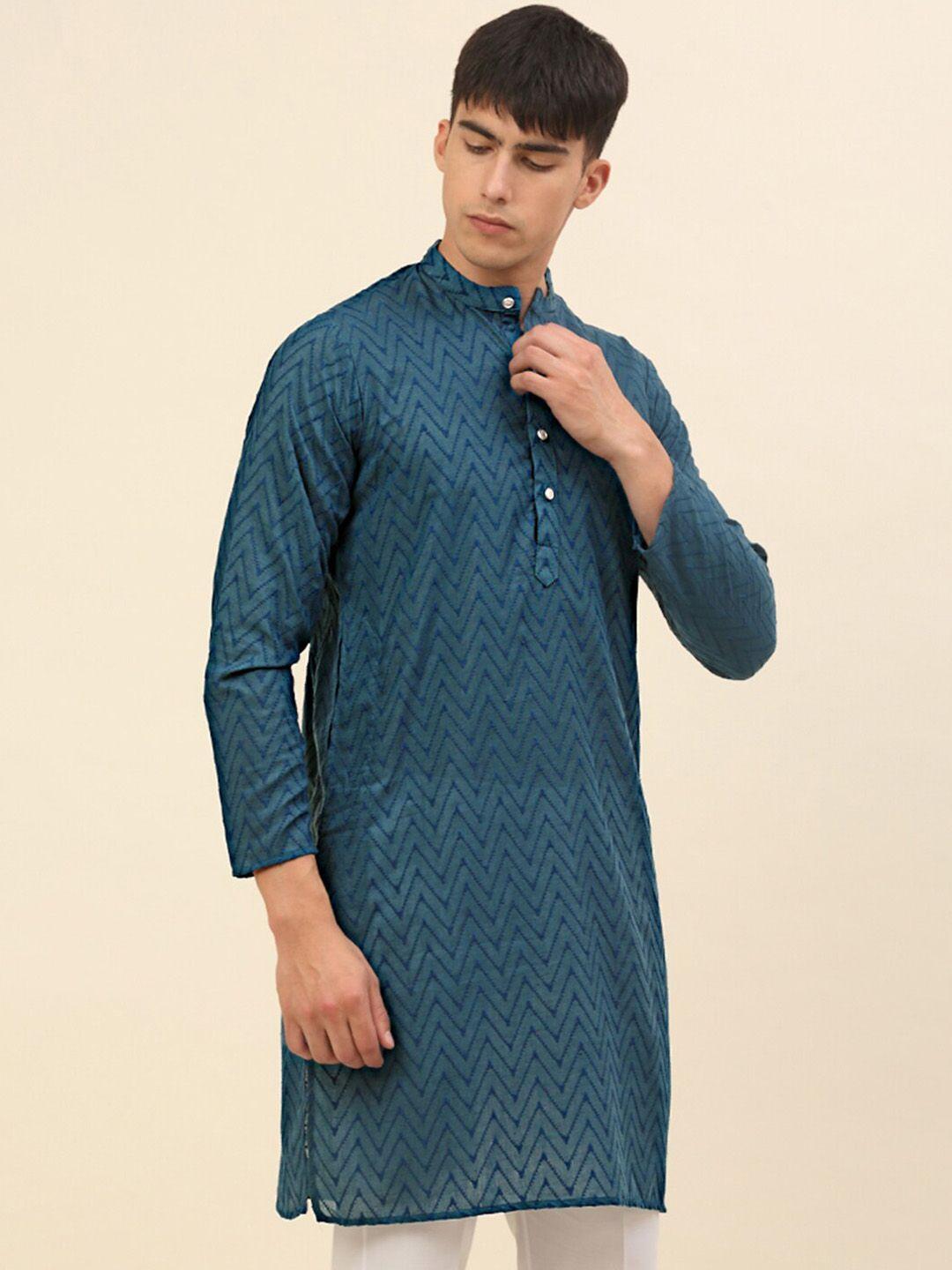 anouk men teal geometric embroidered cotton kurta