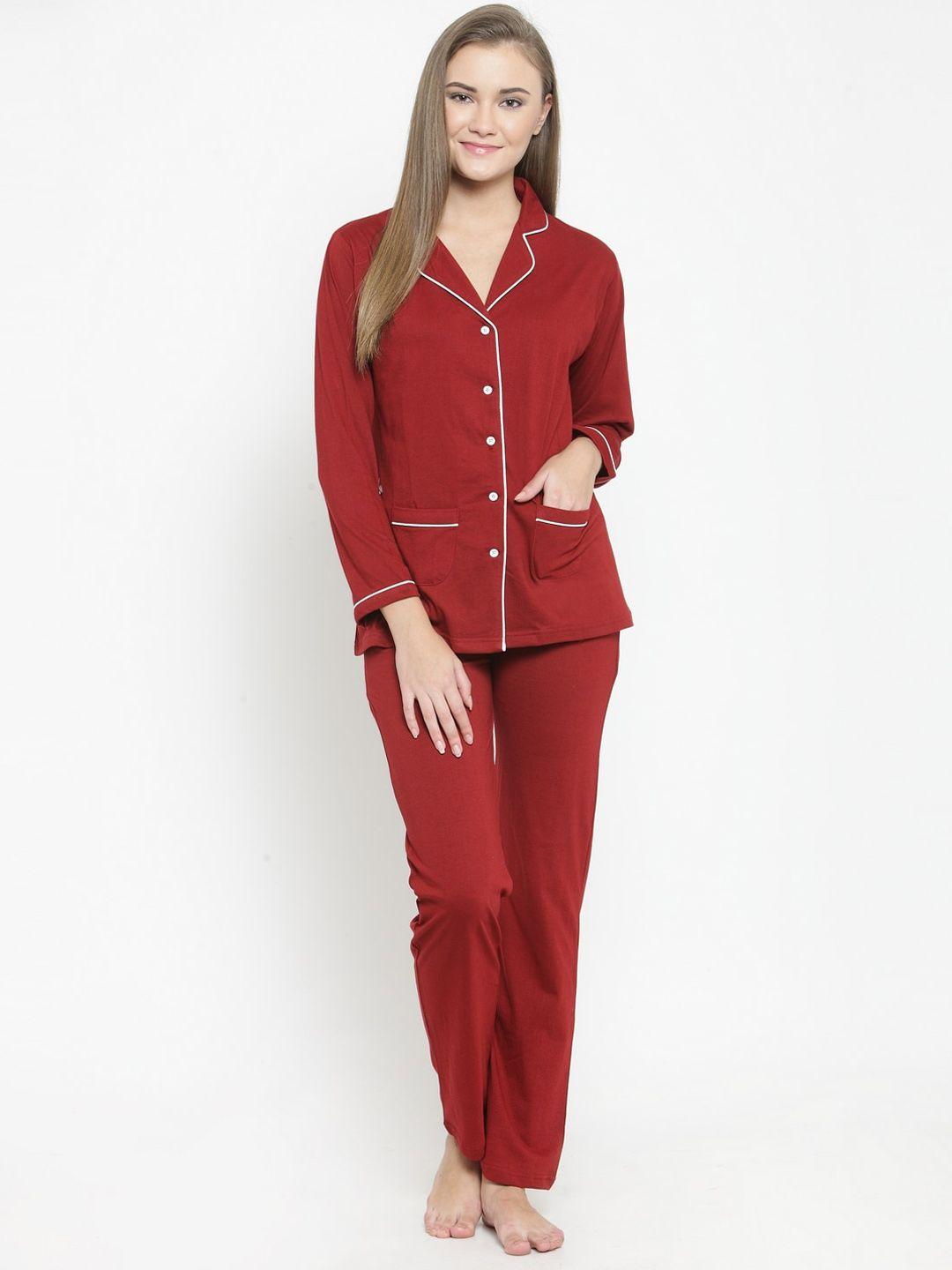 claura women maroon & white night suit