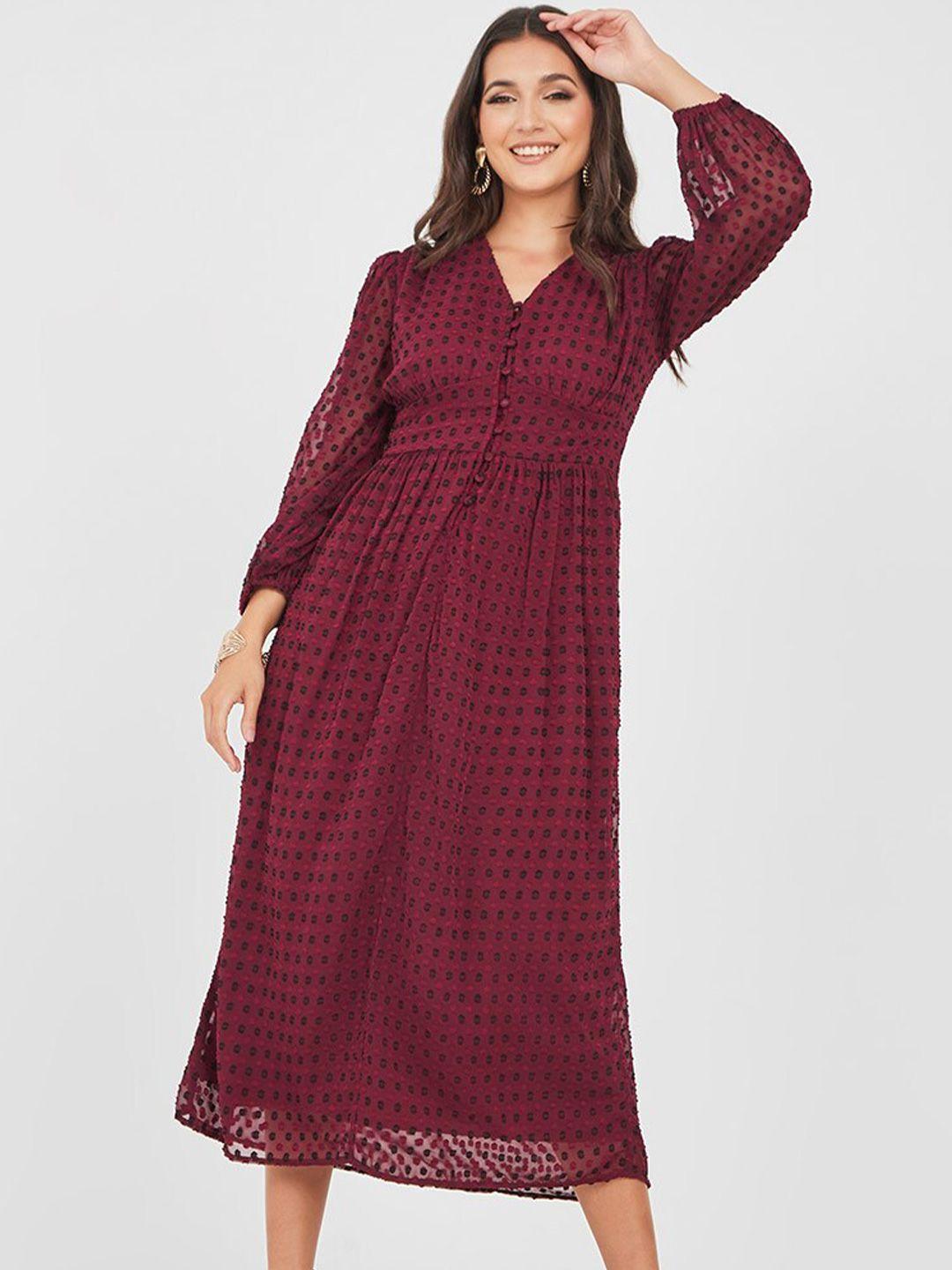 styli burgundy print puff sleeve a-line midi dress