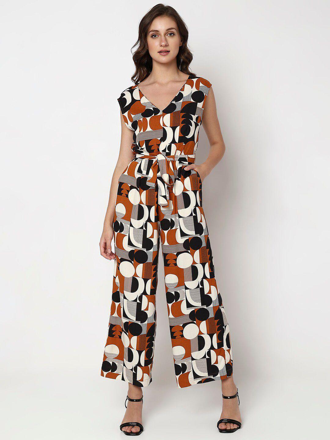 vero moda printed v-neck sleeveless cotton basic jumpsuit with waist tie-ups