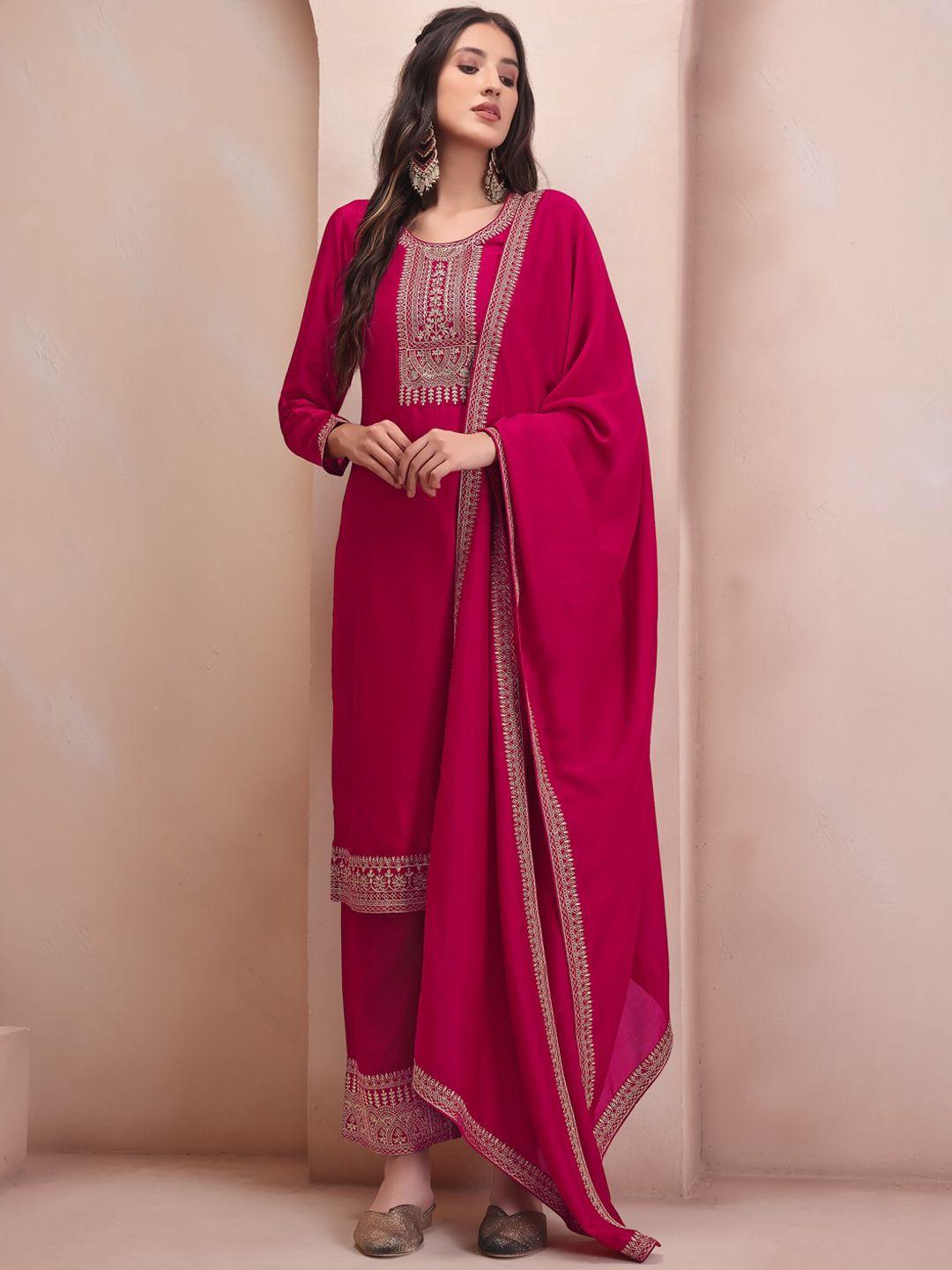 inddus pink & gold toned embroidered regular kurta & trousers with dupatta