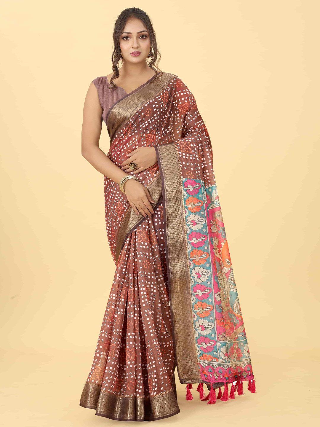 silk land kalamkari block printed tasseled zari saree