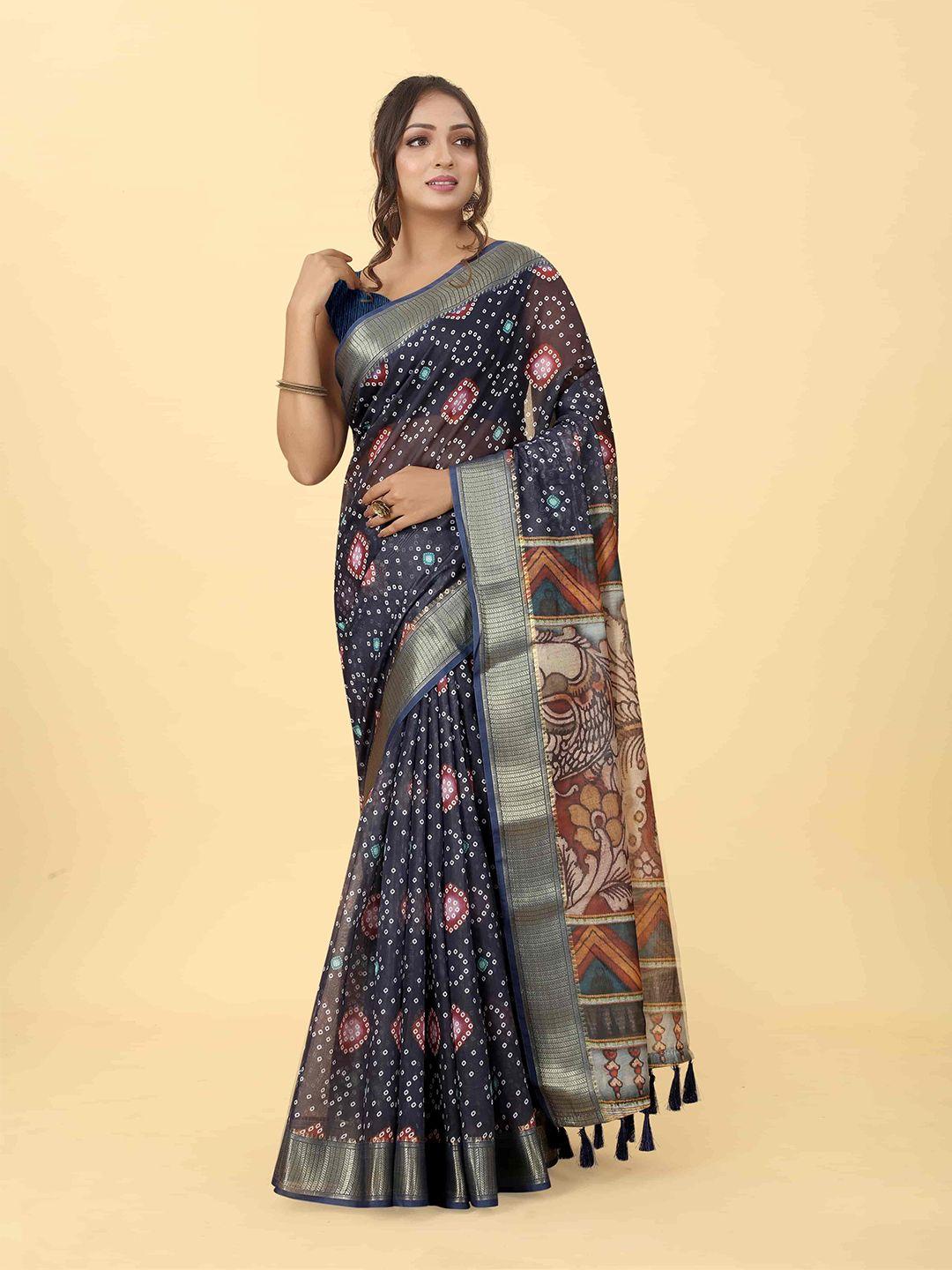 silk land bandhani block printed zari tasseled saree