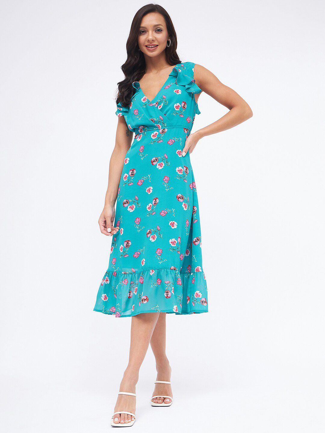 kibo floral printed ruffled v-neck georgette casual midi fit & flare dress