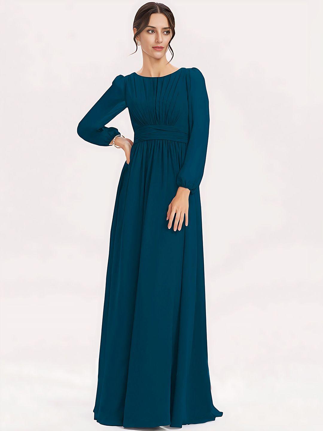 femvy pleated boat neck puff sleeves georgette maxi dress