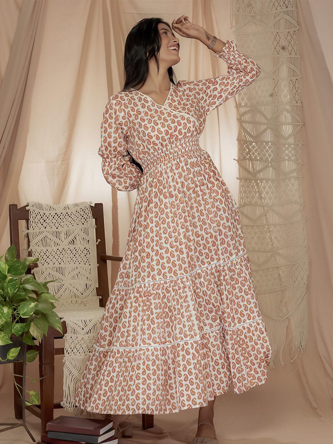 aaheli ethnic printed v-neck puff sleeves fit & flare maxi dress