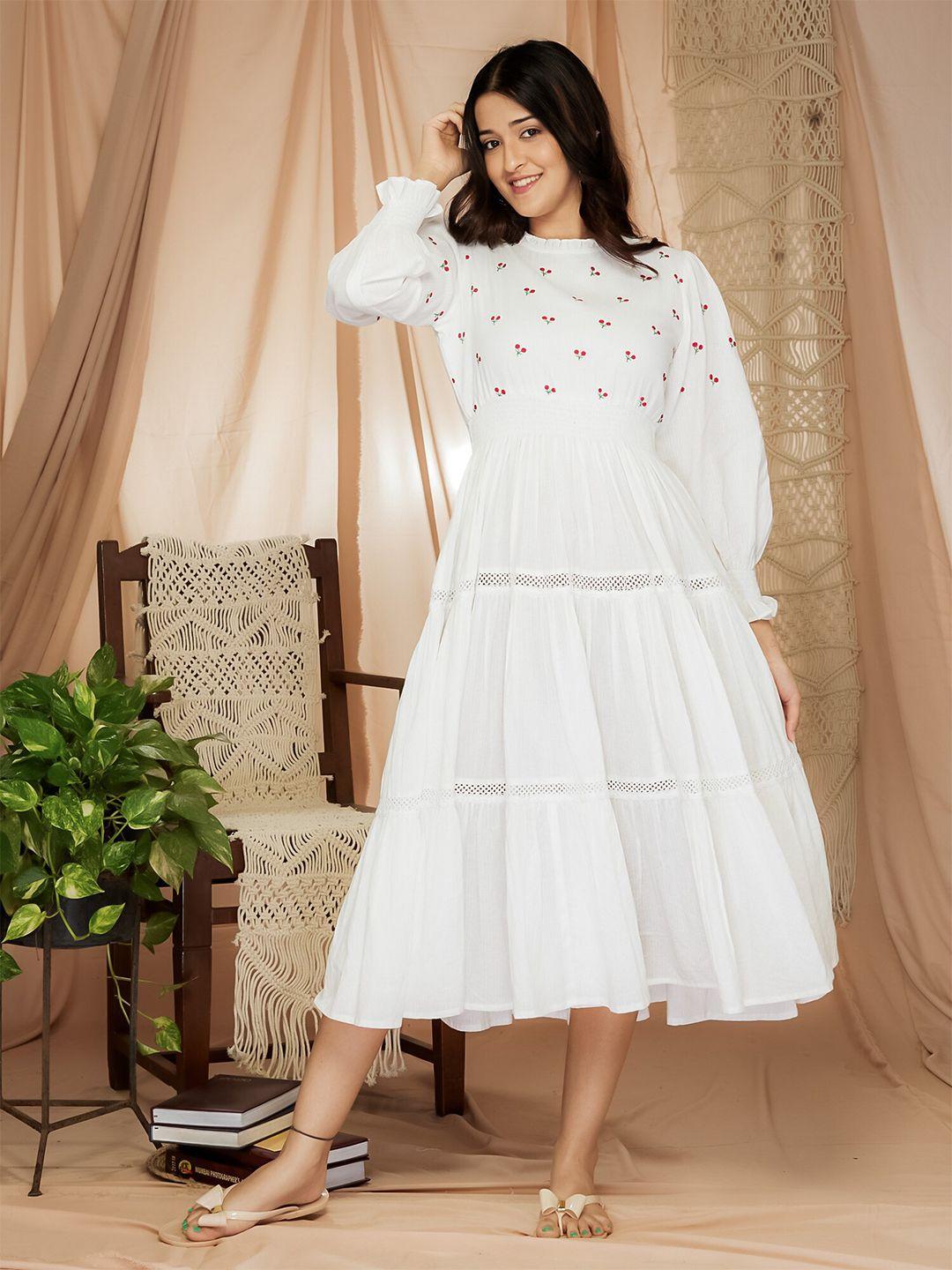 aaheli self designed lace detailed high neck puff sleeves fit & flare dress