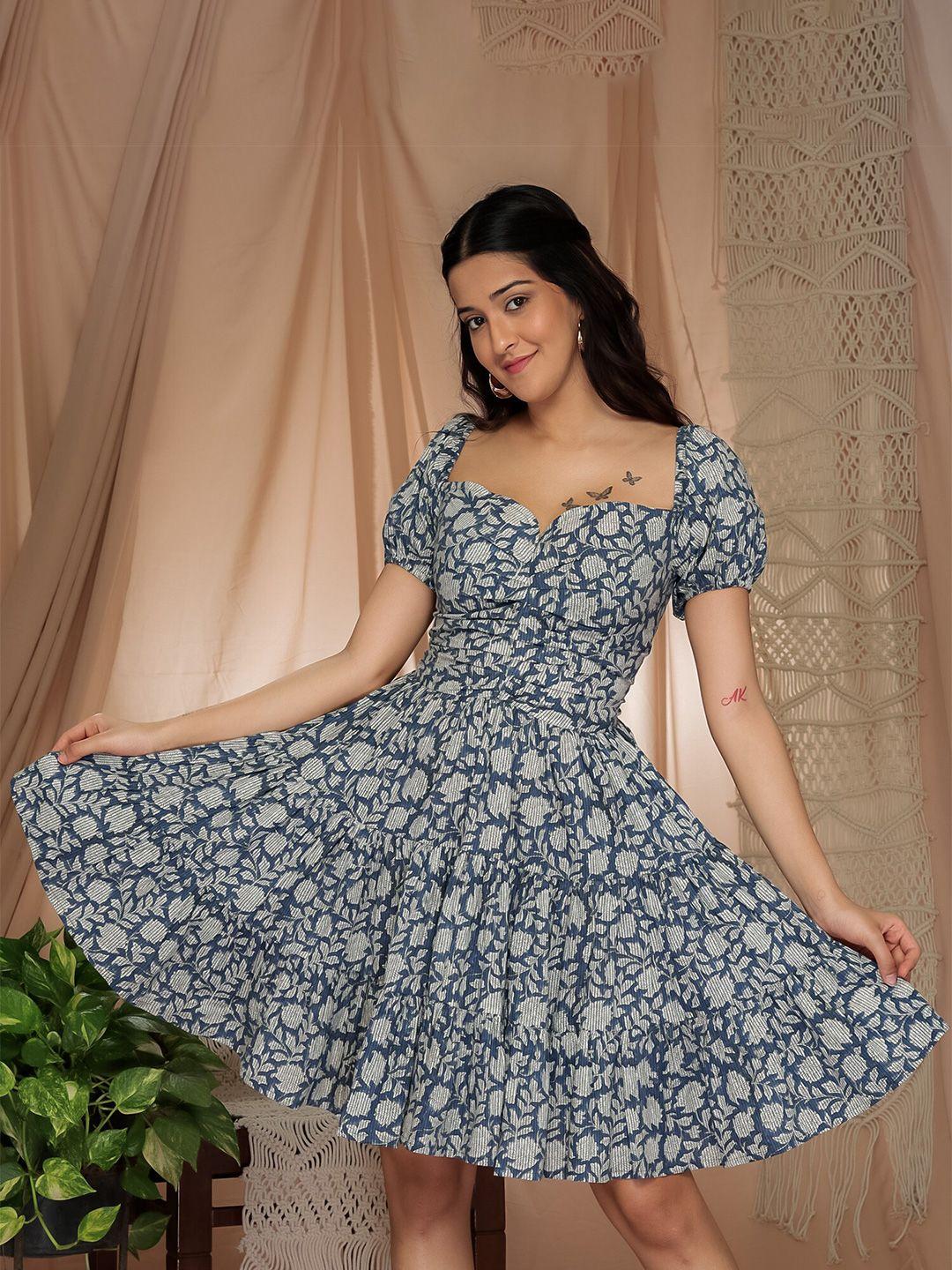 aaheli floral printed sweetheart neck puff sleeves fit & flare dress