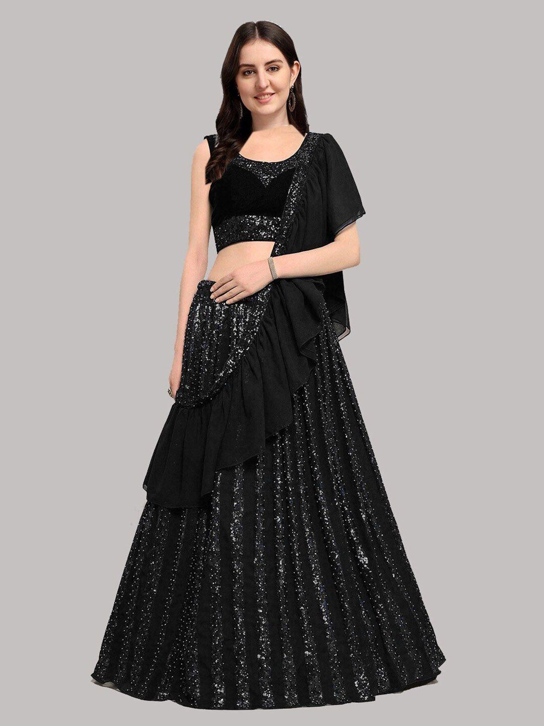 yoyo fashion black embroidered semi-stitched lehenga & unstitched blouse with dupatta