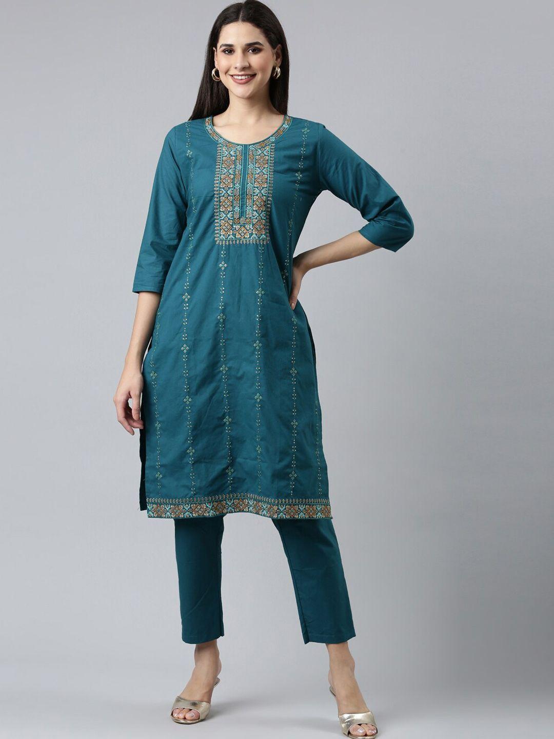 flavido embroidered round neck sequnnied pure cotton regular kurta with trousers