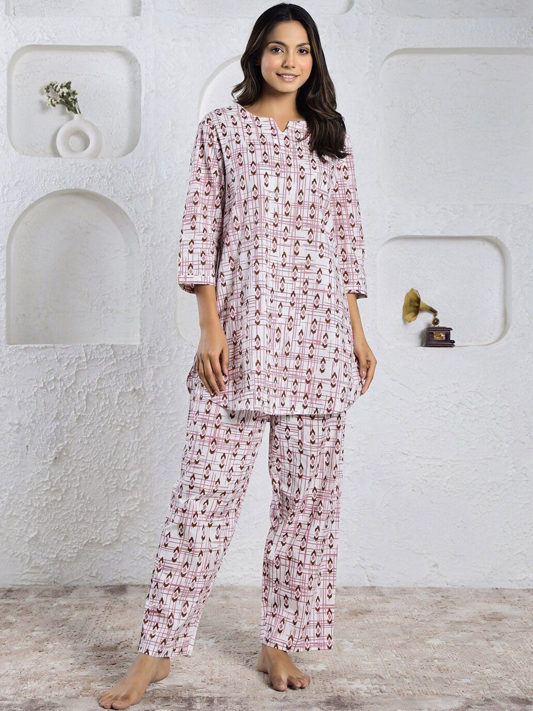 sanskrutihomes women pink & white printed night suit