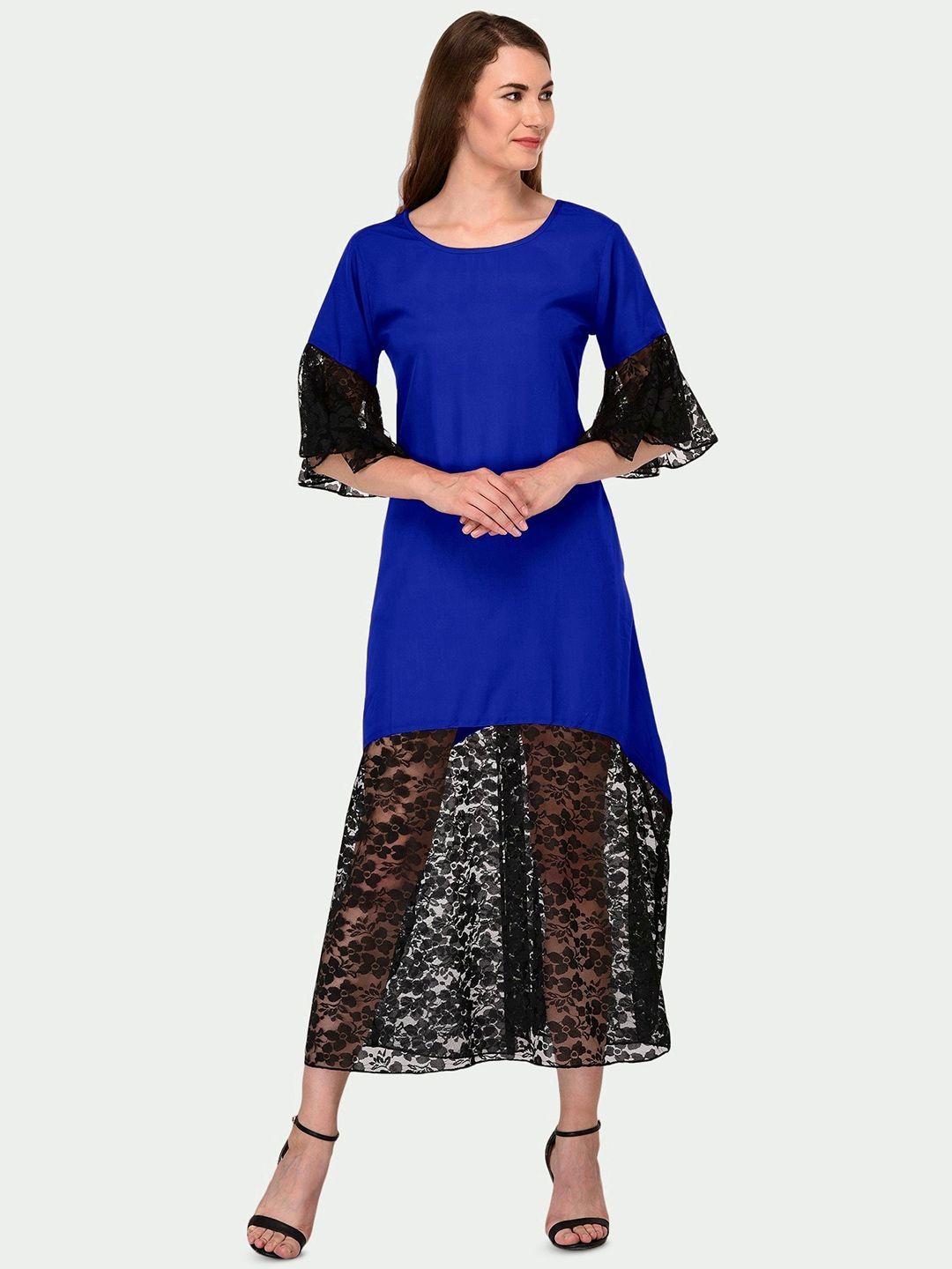 patrorna lace inserted bell sleeves round neck cotton casual midi a-line dress