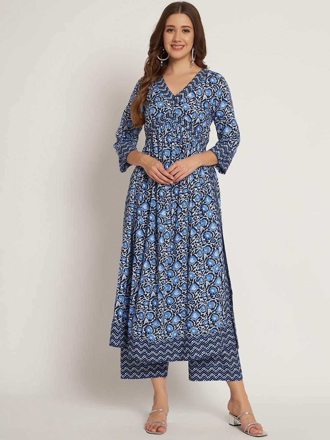 poshak hub women blue ethnic motifs printed high slit pure cotton kurta with palazzos