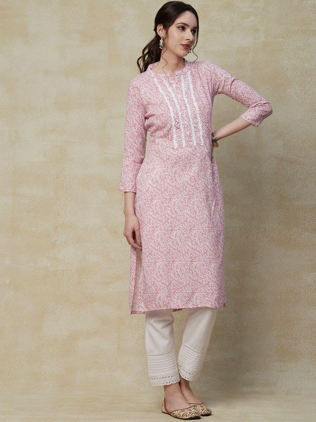 fashor pink & white abstract printed embroidered straight kurta