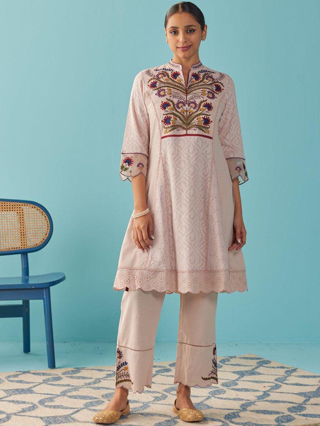 lakshita floral embroidered pure cotton a-line kurta with trousers