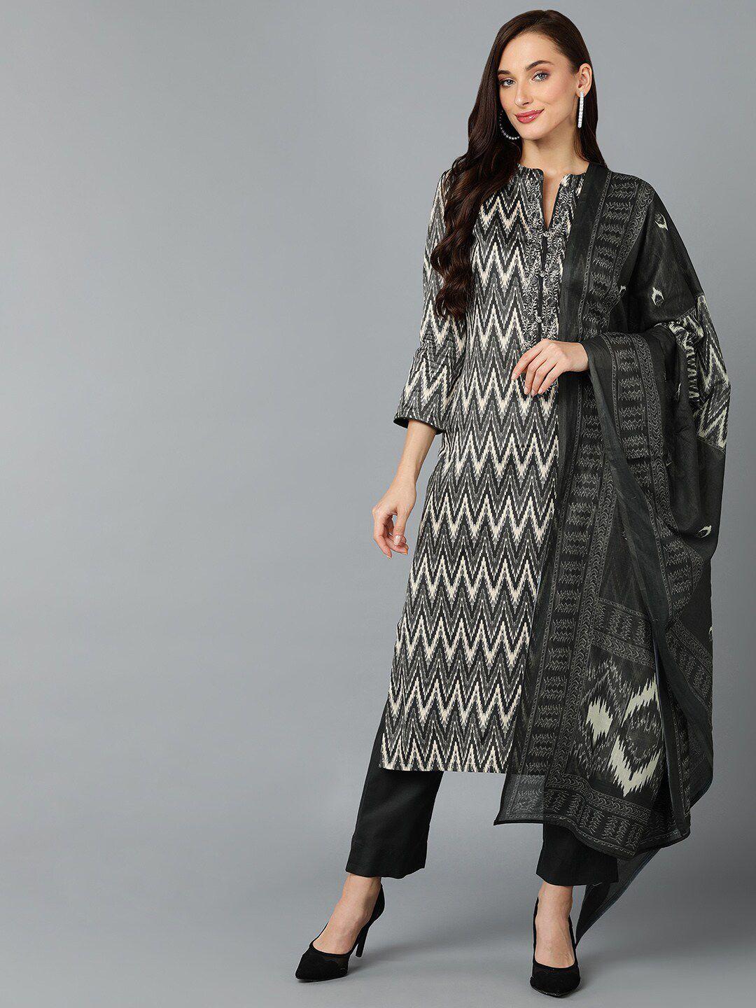 ahika geometric printed mandarin collar kurta & trousers with dupatta