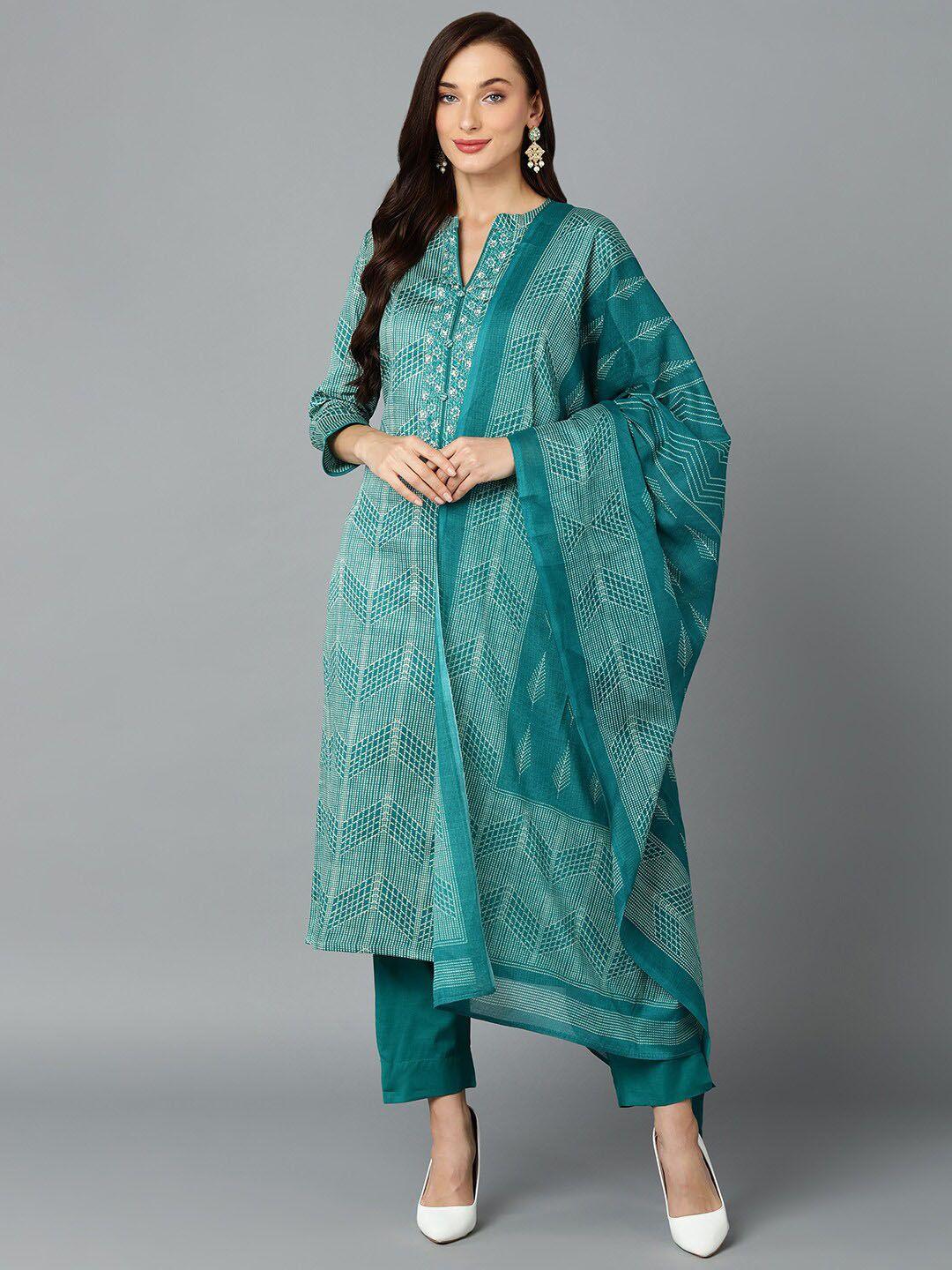 ahika geometric printed kurta & trousers with dupatta