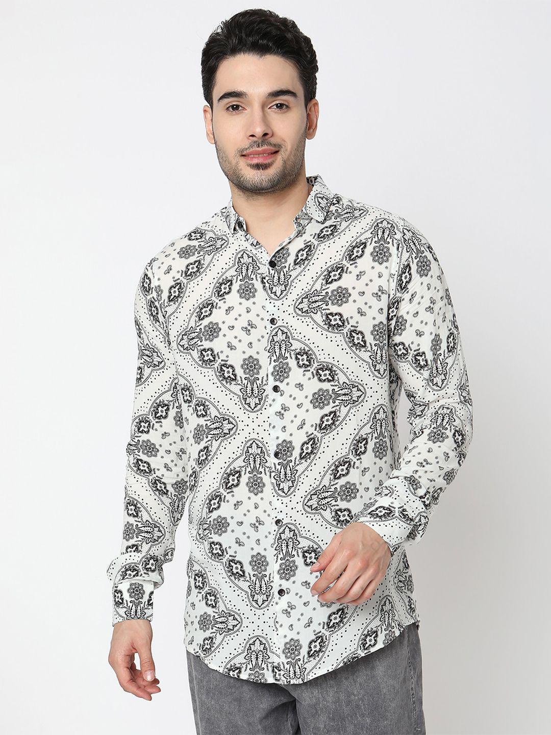 7shores men white classic floral opaque printed casual shirt