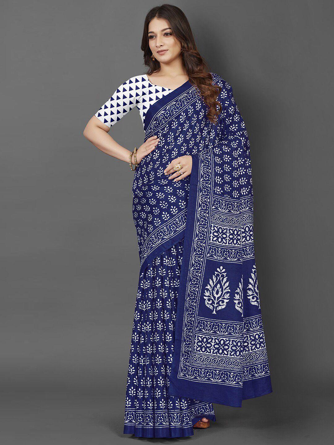 mitera blue & white ethnic motifs printed dabu saree