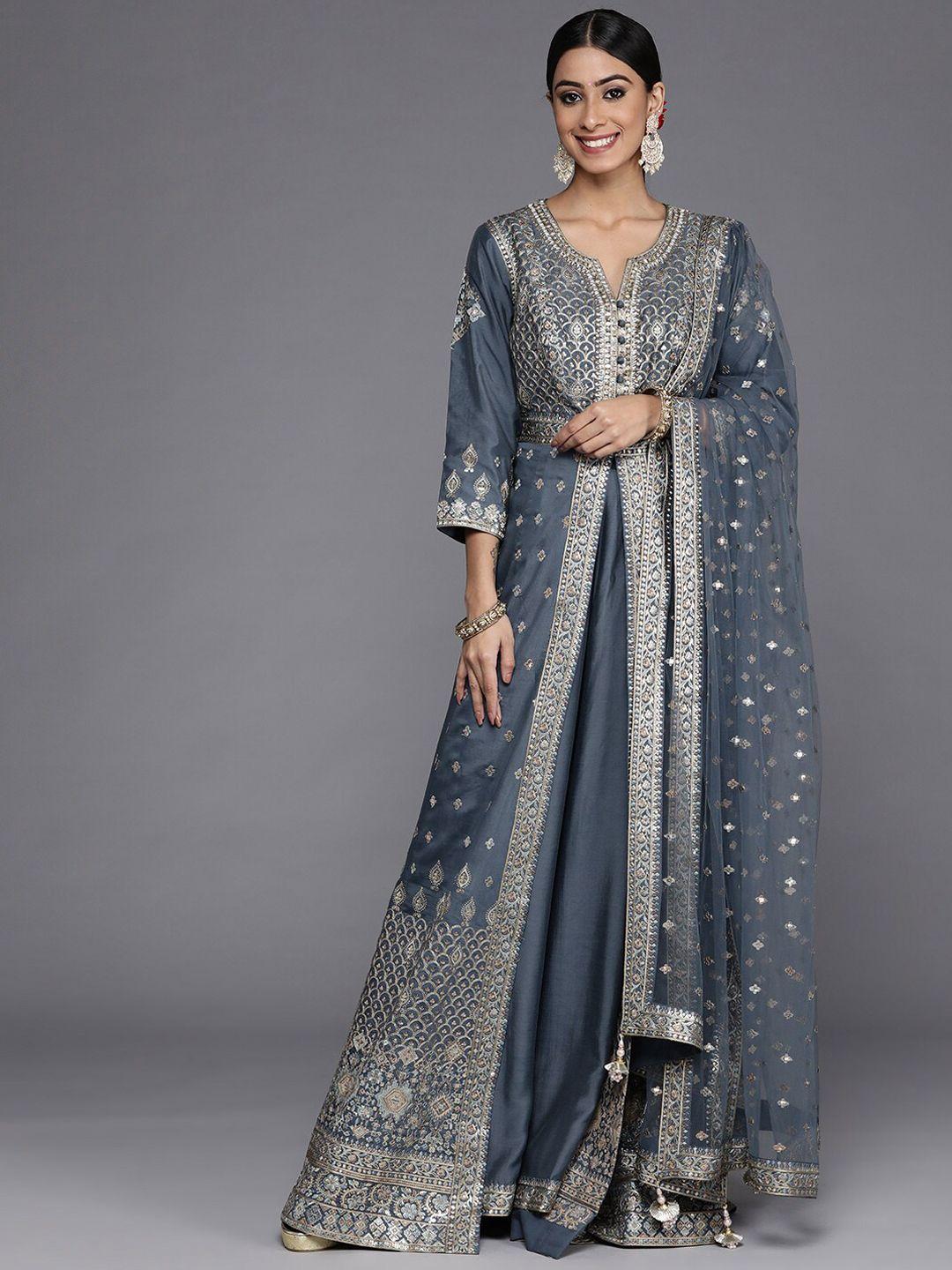 libas art embroidered empire sequinned pure silk kurta with palazzos & with dupatta