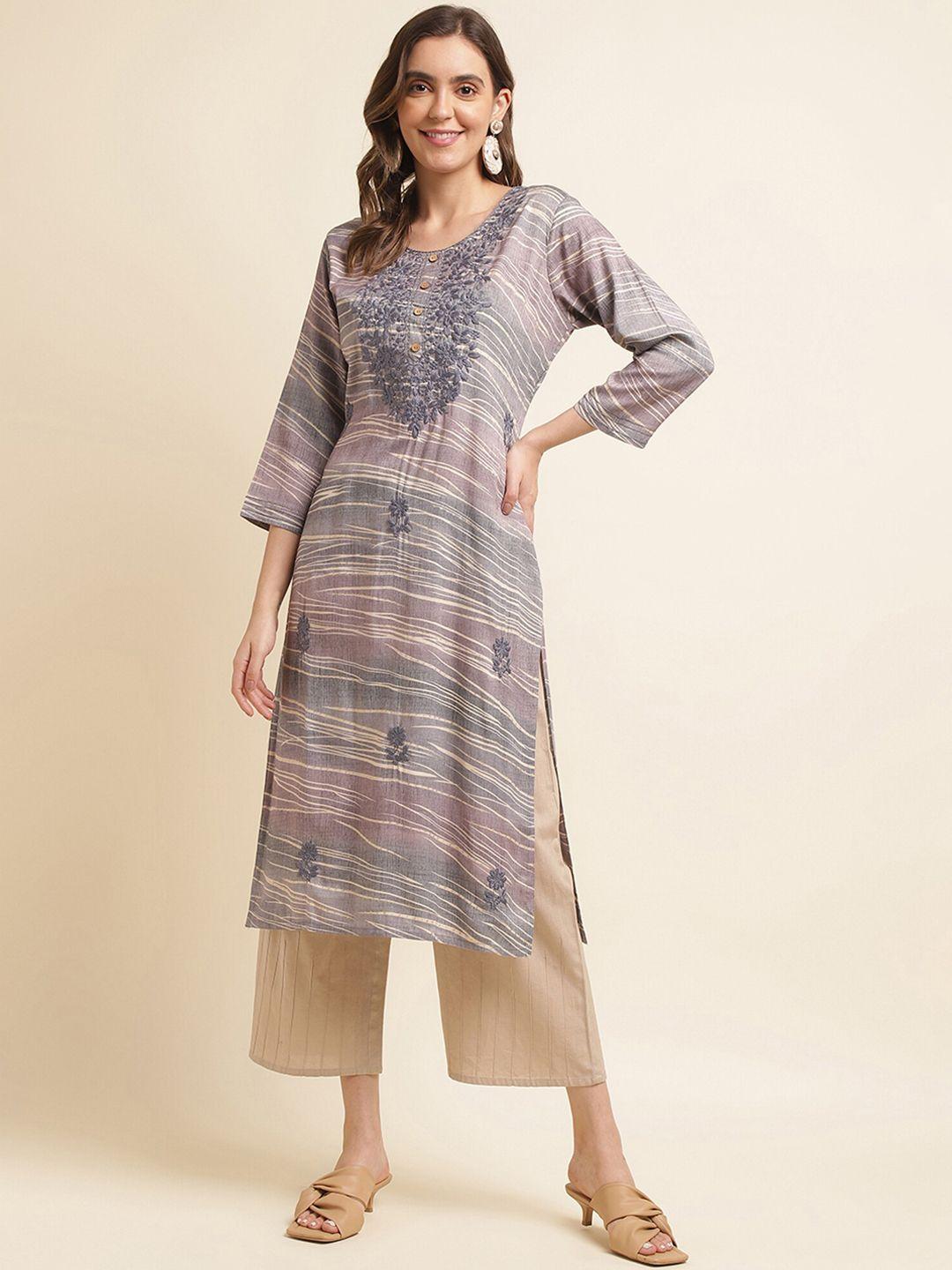 sangria striped & floral embroidered straight kurta