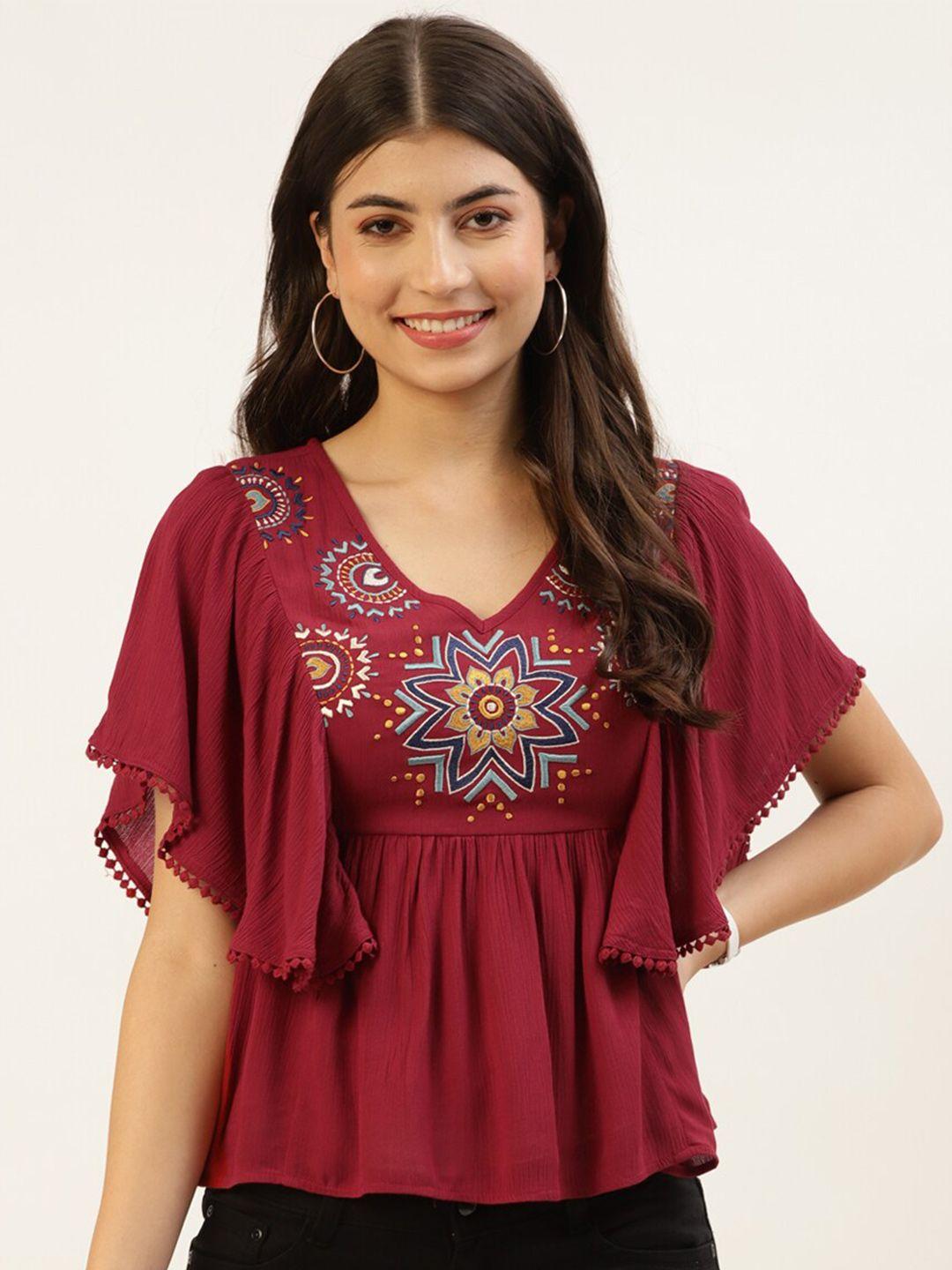 taurus ethnic motif embroidered flutter sleeve empire top