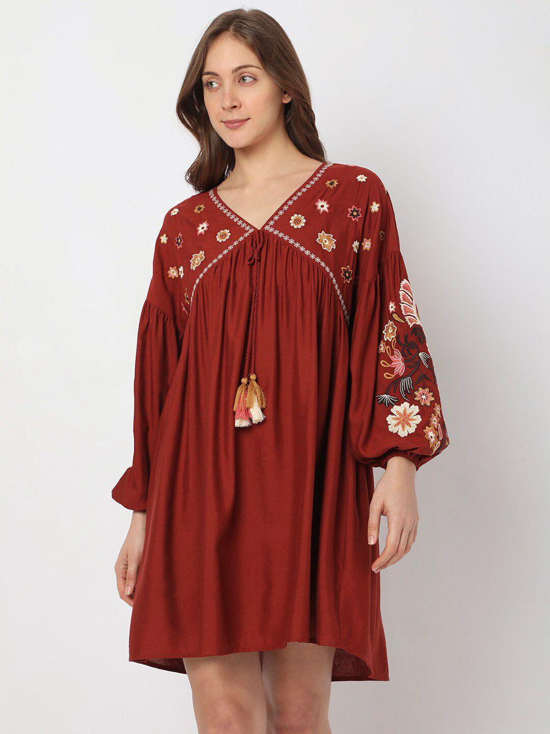 vero moda floral embroidered v-neck puff sleeve a-line dress