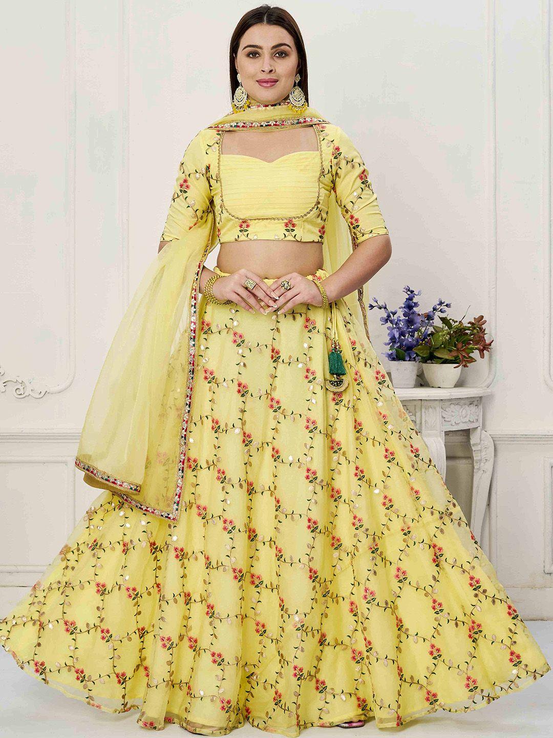 ethnovog embroidered thread work organza ready to wear lehenga & blouse with dupatta