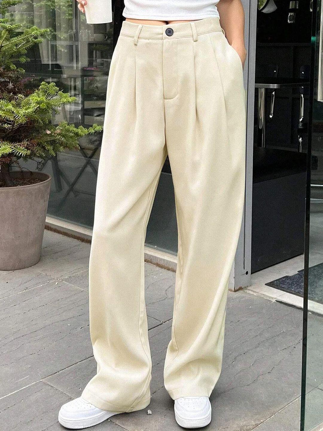 kotty women beige relaxed straight leg straight fit high-rise easy wash pleated trousers