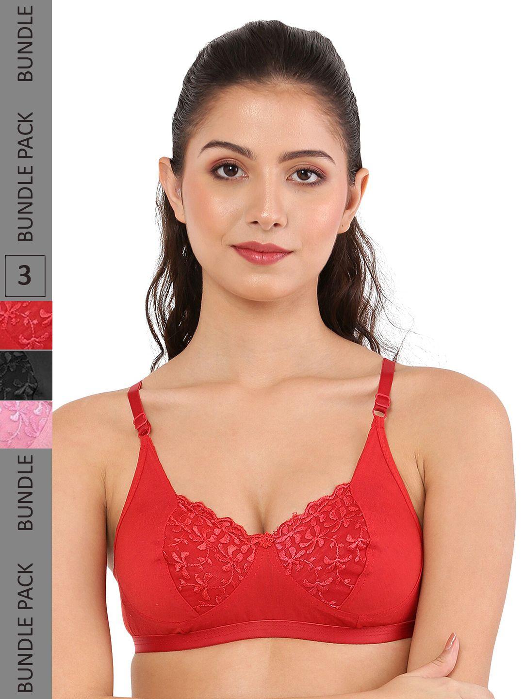 piylu pack of 3 floral self design non padded full coverage cotton bra-all day comfort