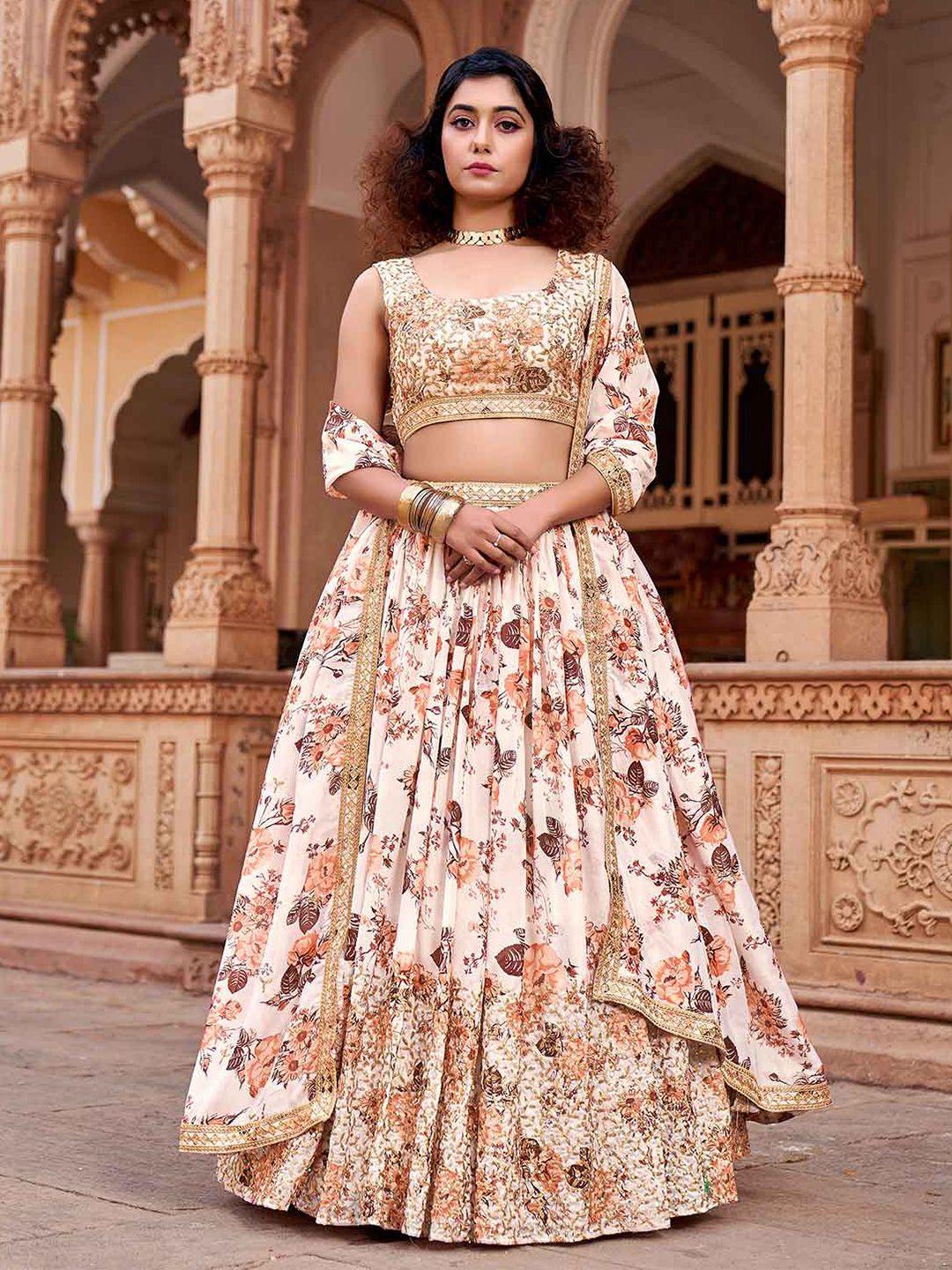 shopgarb white & pink embroidered thread work shibori semi-stitched lehenga & unstitched blouse with dupatta