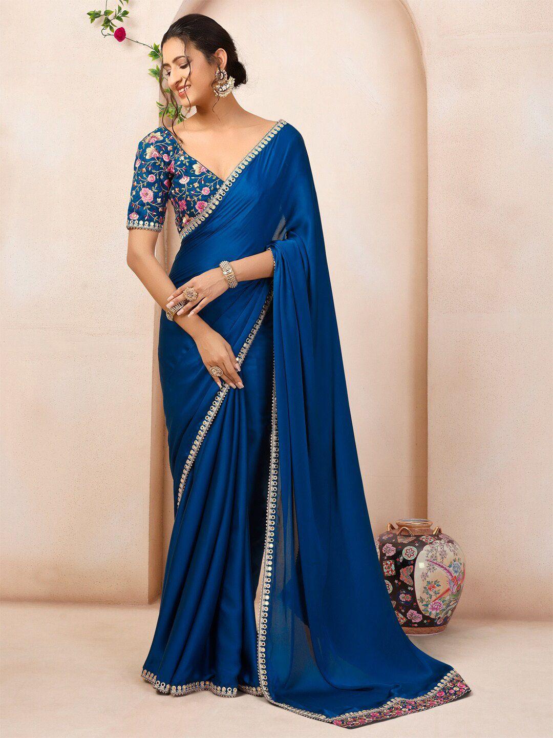 inddus floral embroidered mirror work satin saree