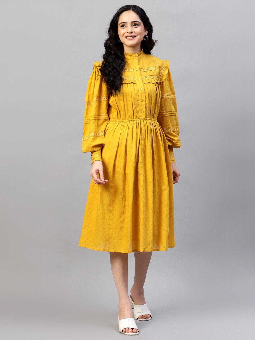 hencemade self design mandarin collar cotton fit & flare dress