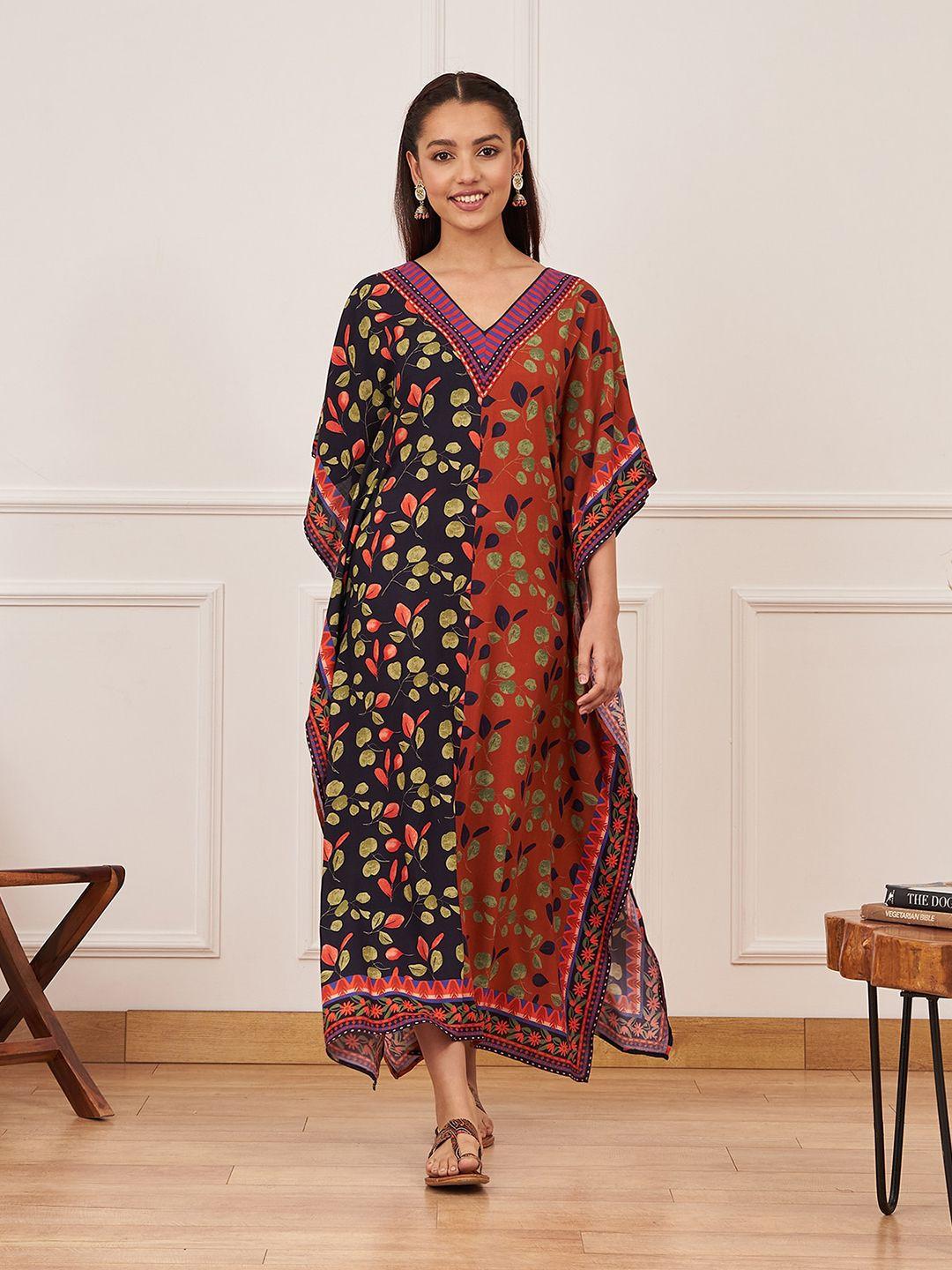 rustorange floral printed kimono sleeves kaftan dress