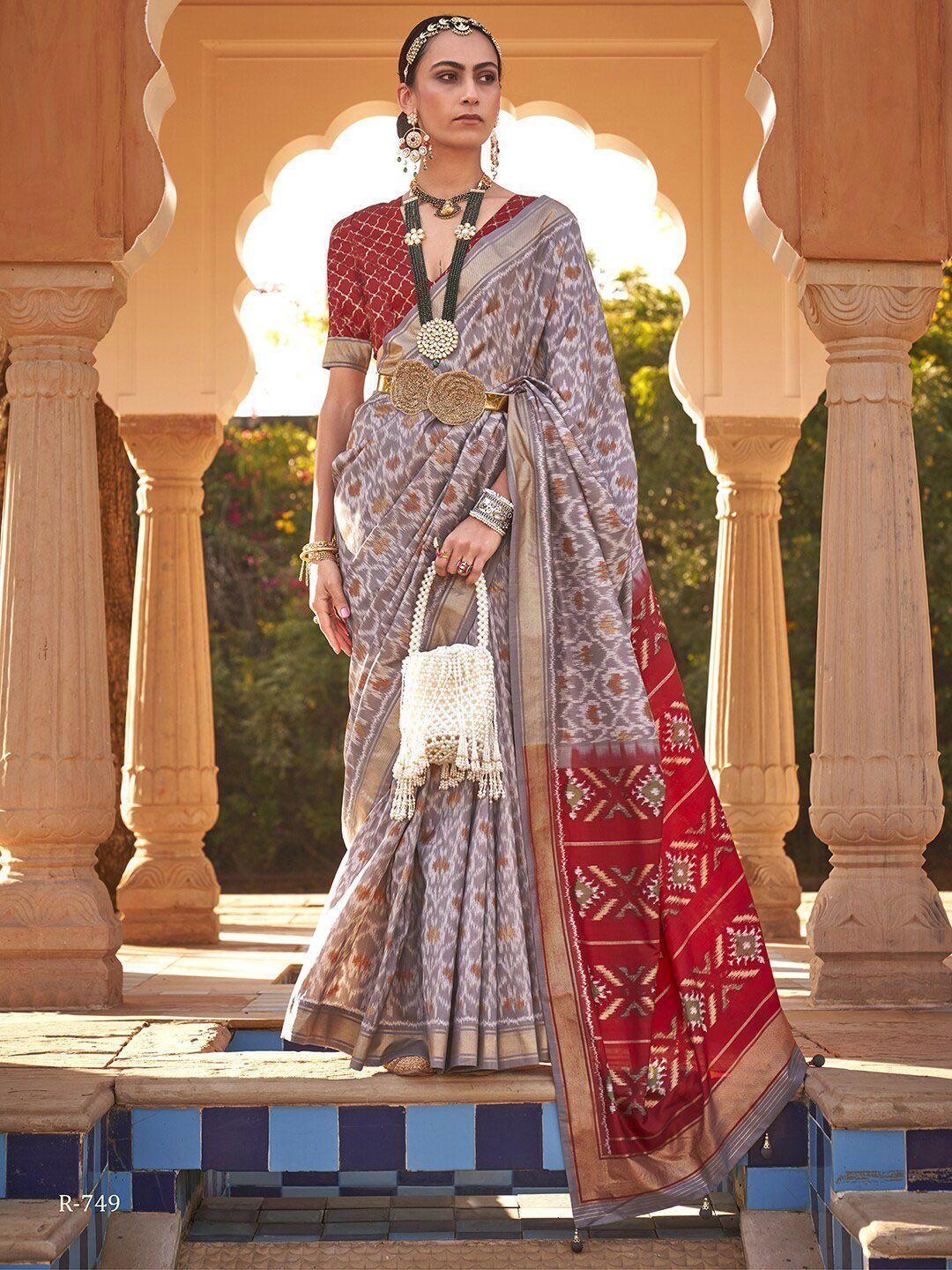 anouk grey & red ethnic motifs printed ikat saree