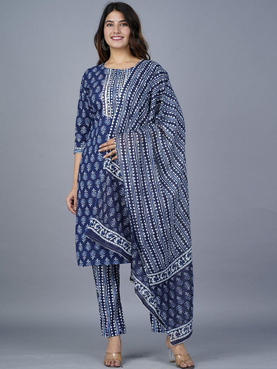 kalini women navy blue ethnic motifs printed regular kantha work pure cotton kurta with trousers & with