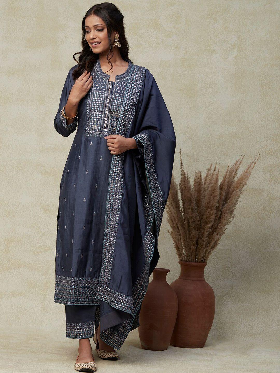 fashor grey ethnic motifs embroidered kurta with palazzos & with dupatta