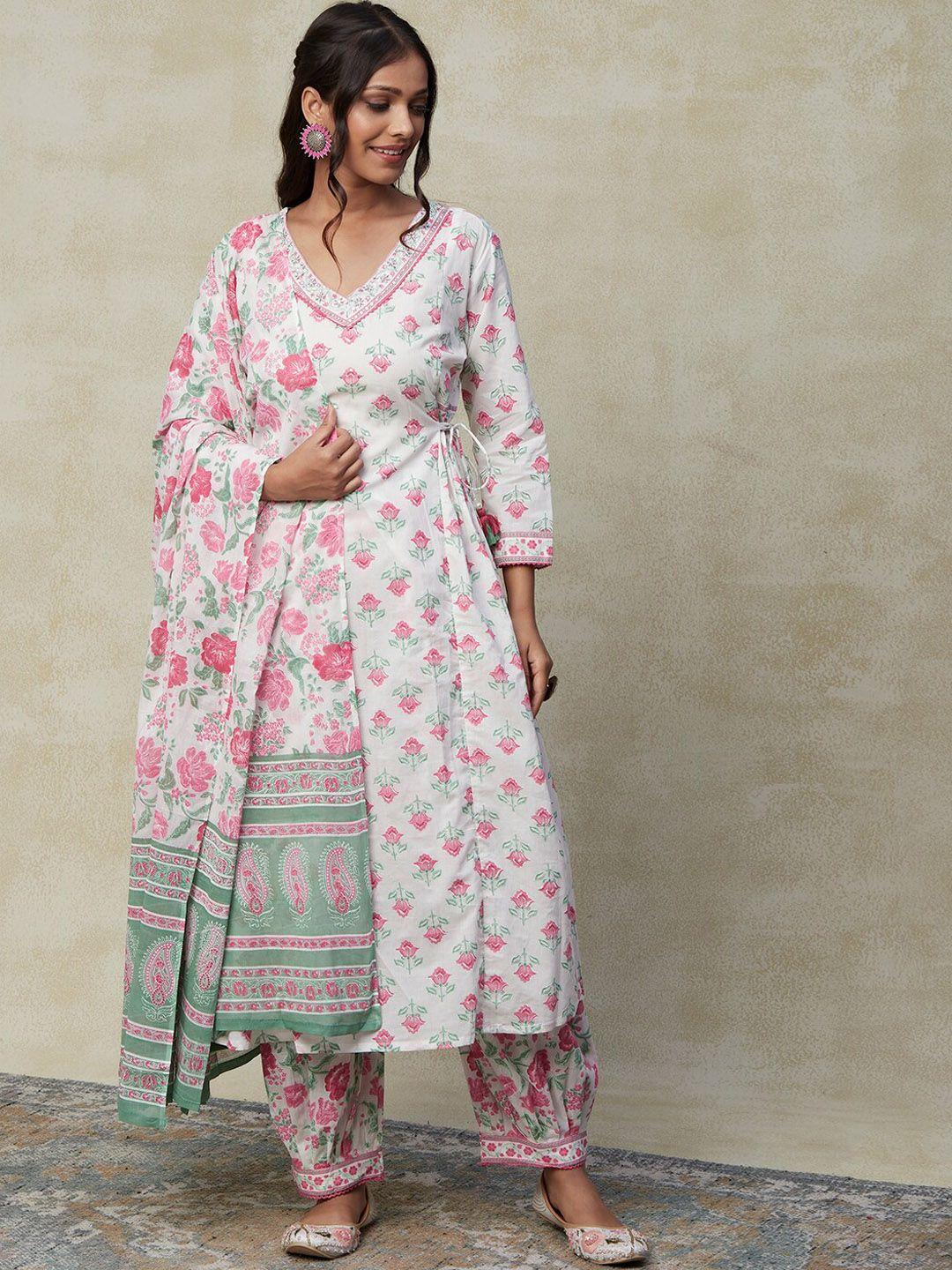 fashor floral printed panelled pure cotton kurta with salwar & dupatta